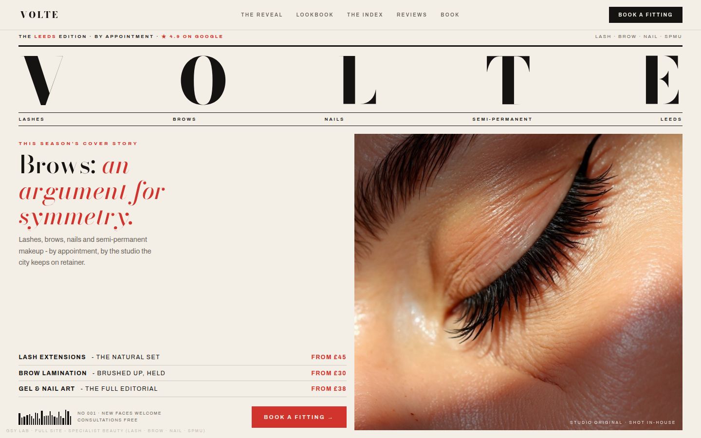 Volte - lash, brow and nail studio website, Leeds